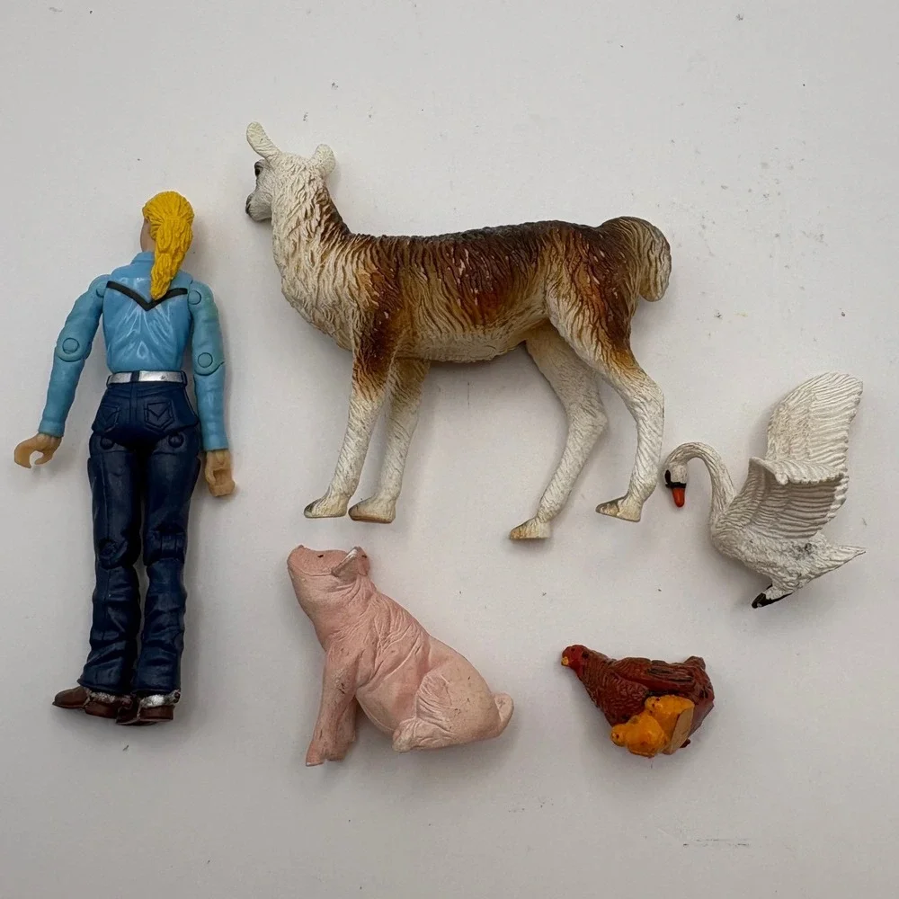 Breyer Cowgirl Rider Doll & CollectA Animal Figure Lot Llama Pig Swan Hen